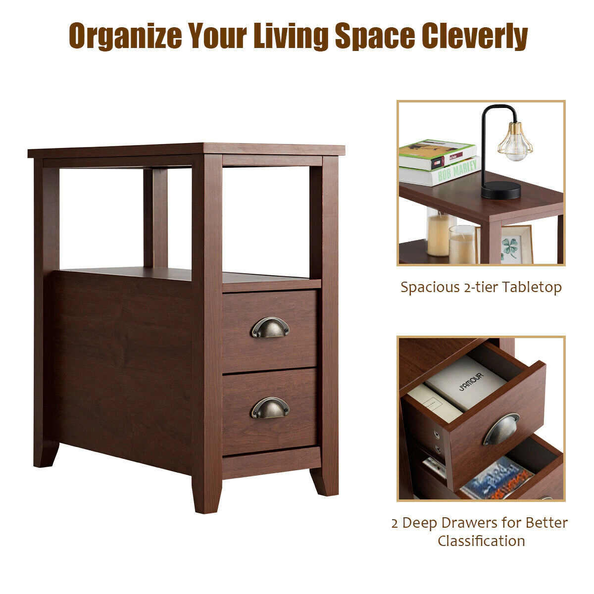 Hivvago Set of 2 End Table Wooden with Drawer & Shelf Bedside