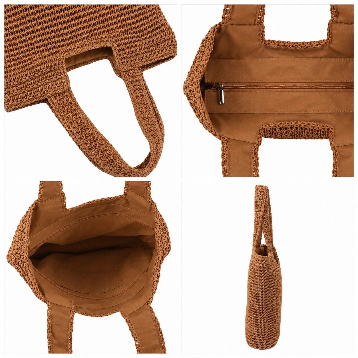 Alilang Women's Woven Crochet Tote Bag with Shoulder Straps Lightweight Knit Tote with Zipper Pocket, Khaki