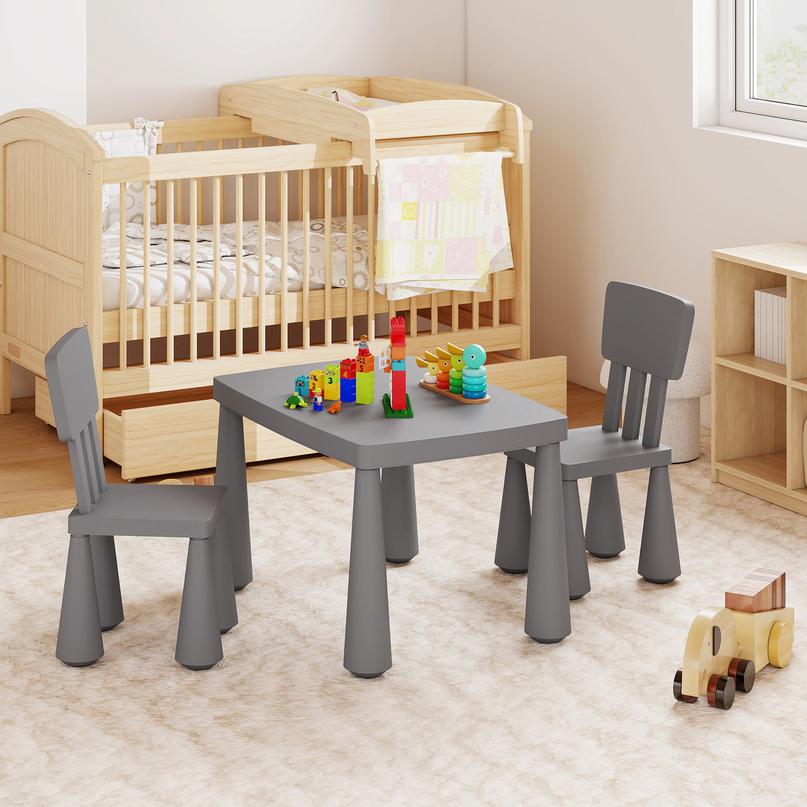 SUGIFT Kids Table and Chair Set, 3-Piece Gray PP Activity Table with 2 Chairs, 110-Lb Capacity