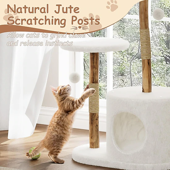 43-Inch Wood-Rattan Cat Tree Tower, Multi-Level Indoor Cat Condo Perch ...