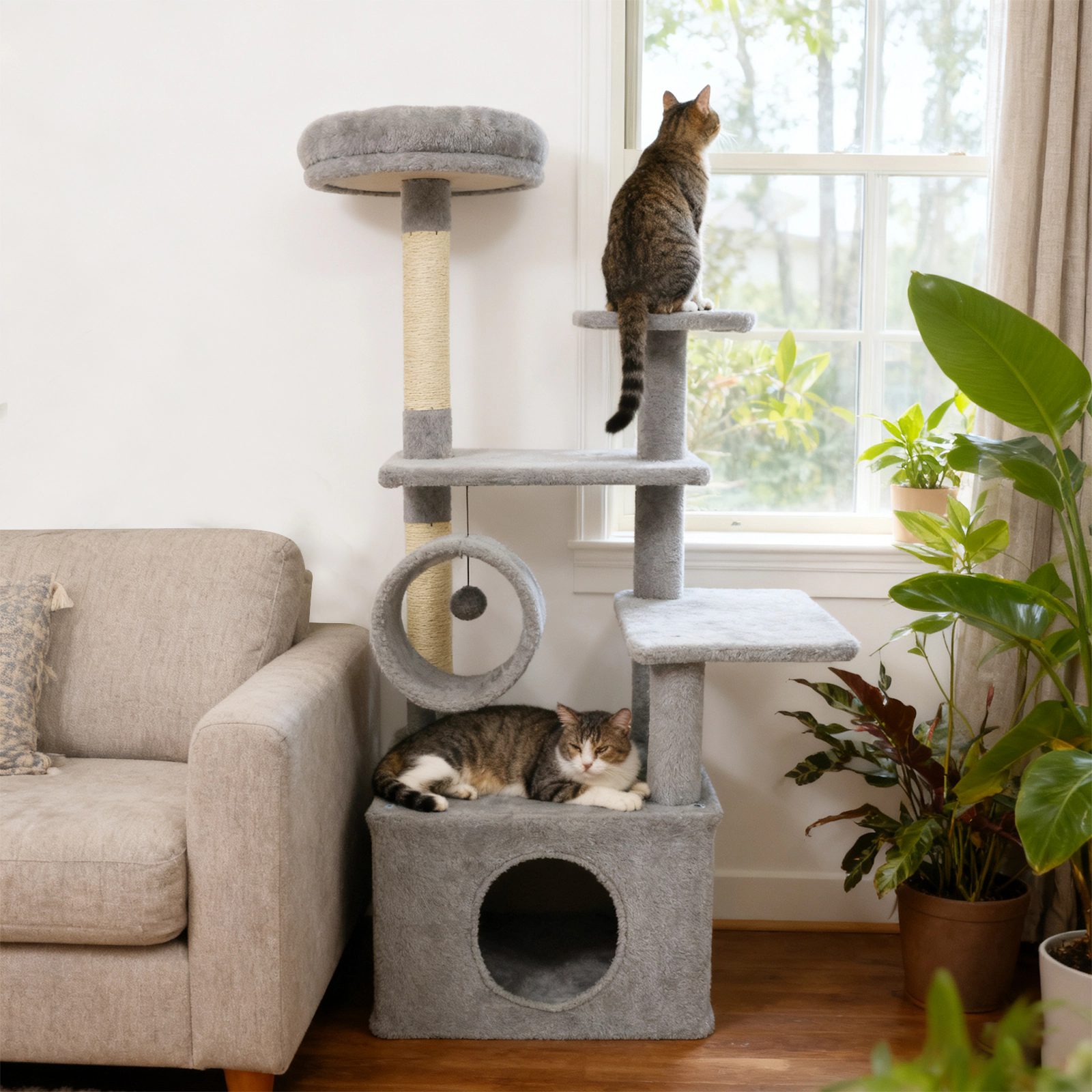 SUGIFT 48-in Light Gray Multi-Level Kitten Cat Tree Tower with Cylinder Tunnel Large Condo and Jute Posts