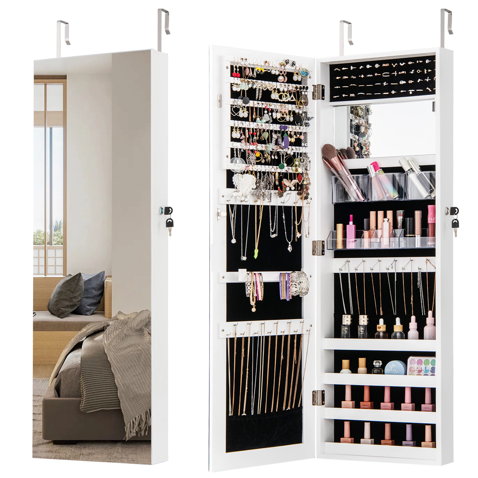 SUGIFT 43.5-in Full-Length Jewelry Mirror Cabinet with Interior Mirror Wall and Door Mount 1-Piece White
