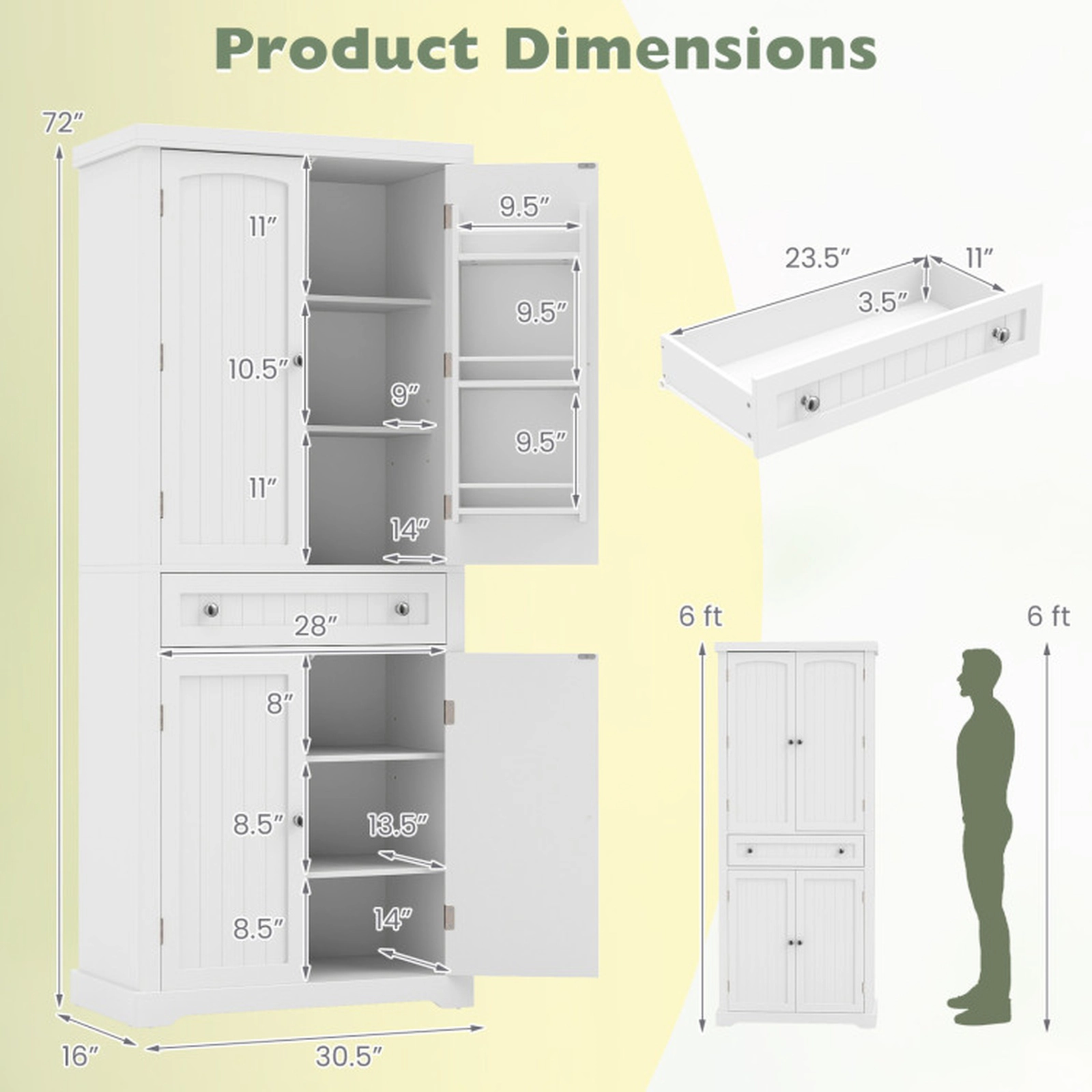 SUGIFT Tall Kitchen Pantry Storage Cabinet with 4 Fluted Doors Drawer 22-lb Shelf Capacity 11-lb Drawer Capacity White