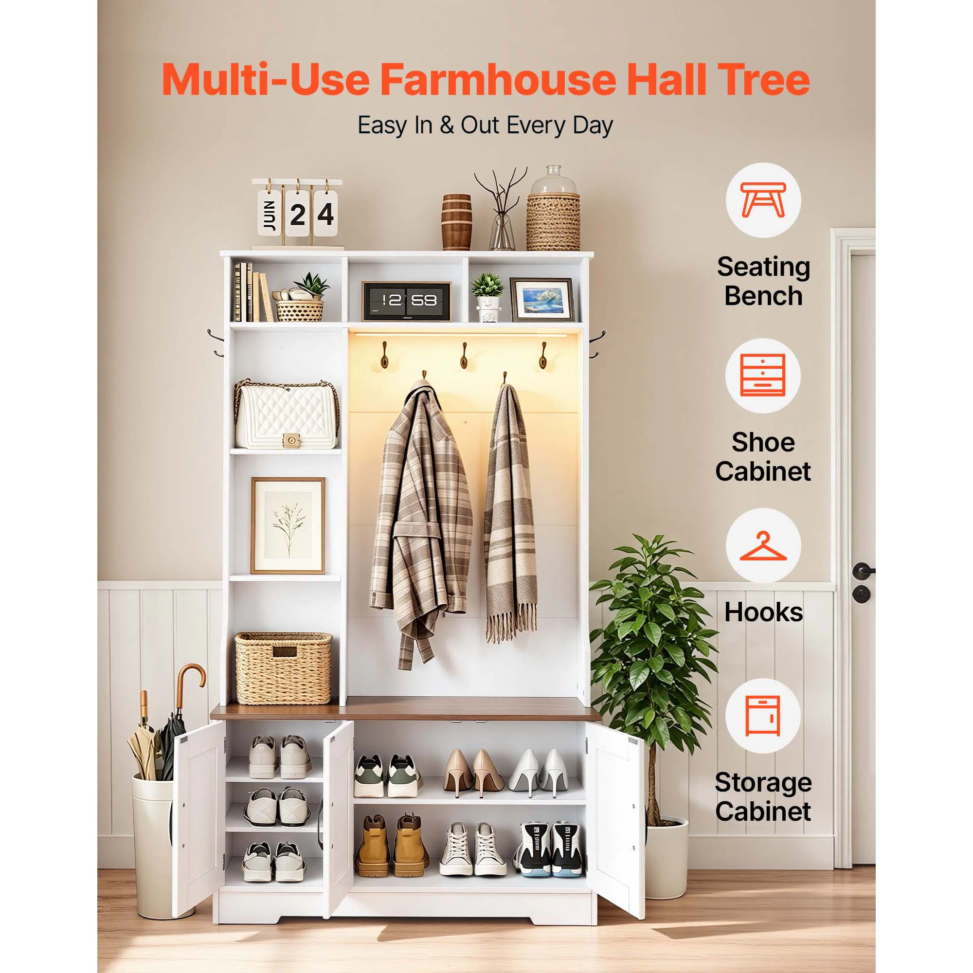 HONGGE 39 Inch Hall Tree with Bench and Shoe Storage, Entryway Organizer with Hooks, Shelves, LED Light, White