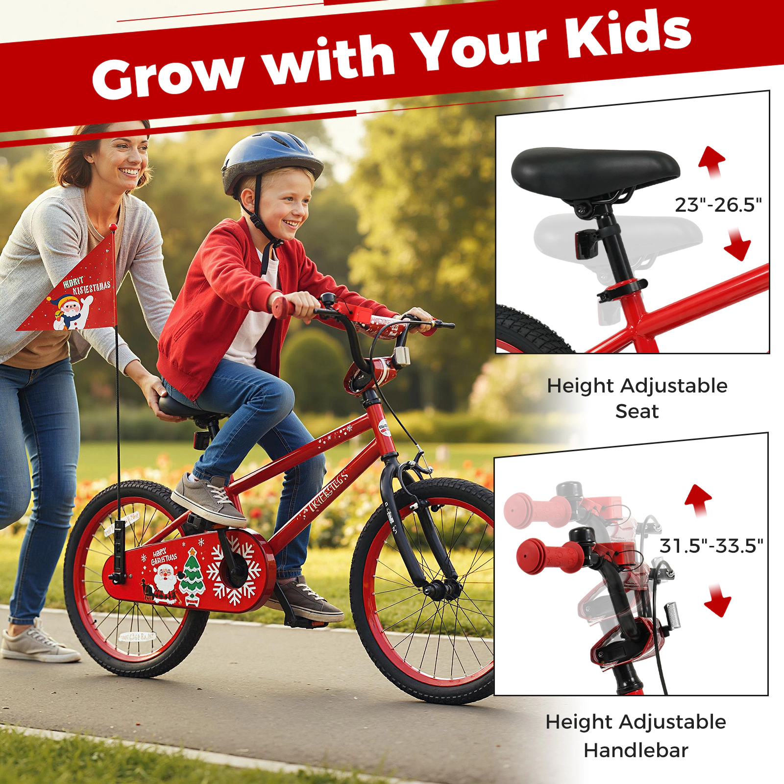 LJG Kids Bike Adjustable with Christmas Music & Flag