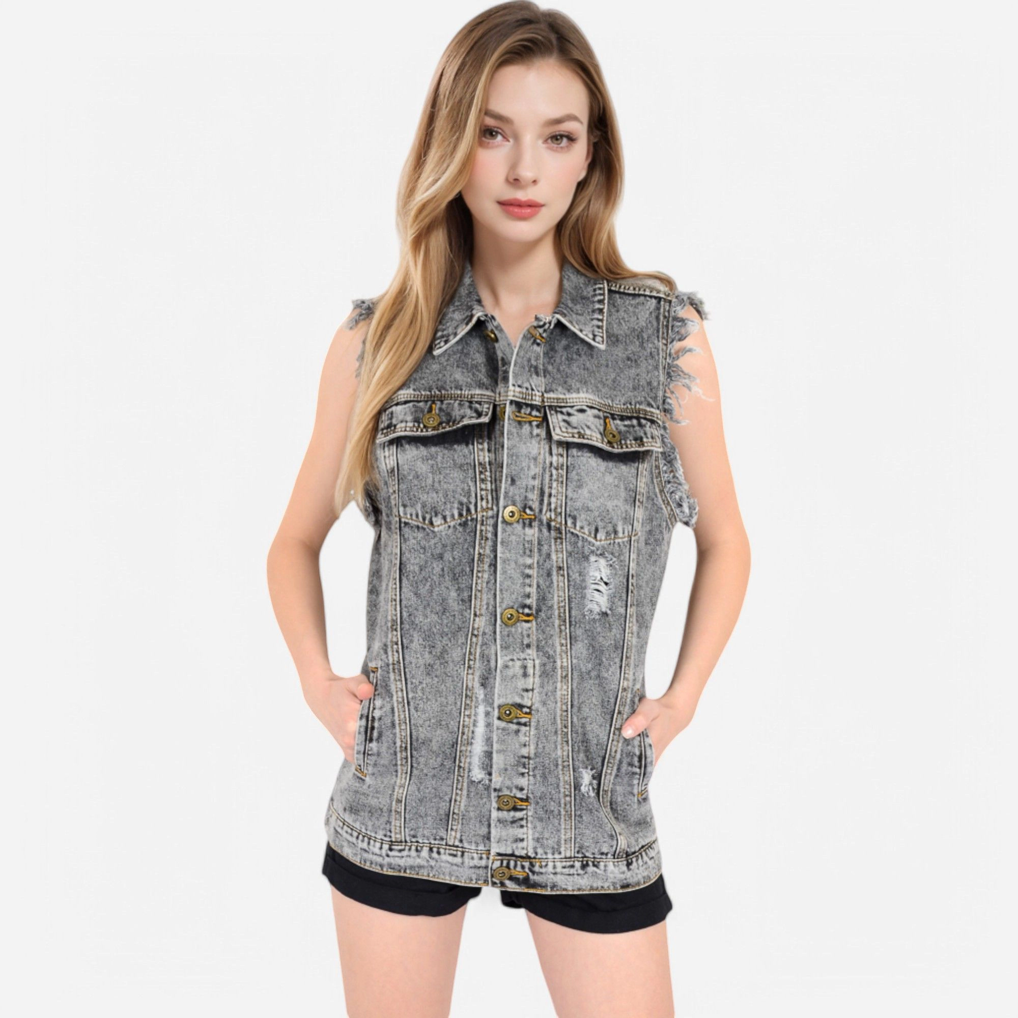 Anna-Kaci Women's Oversize Distressed Sleeveless Denim Vest