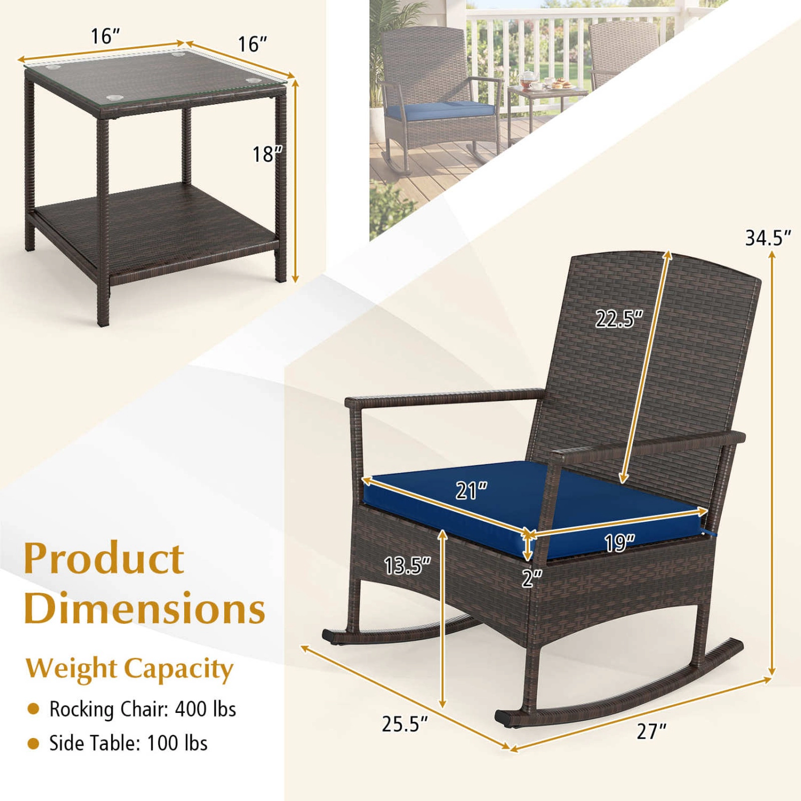 SUGIFT 3 Piece PE Rattan Patio Rocking Conversation Set 400-lb Rocking Chairs & 2-Tier Tempered Glass Coffee Table Navy