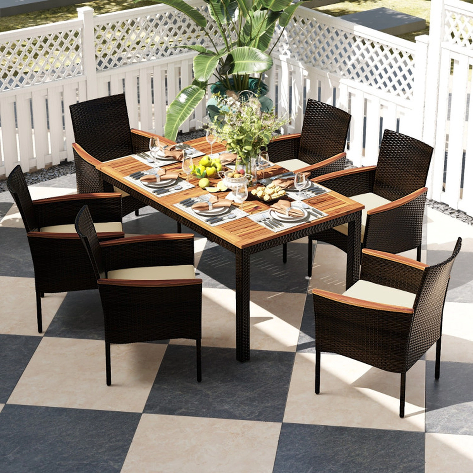SUGIFT Brown 6 Stackable Chairs and Umbrella Hole 7-Piece Rattan Patio Dining Set