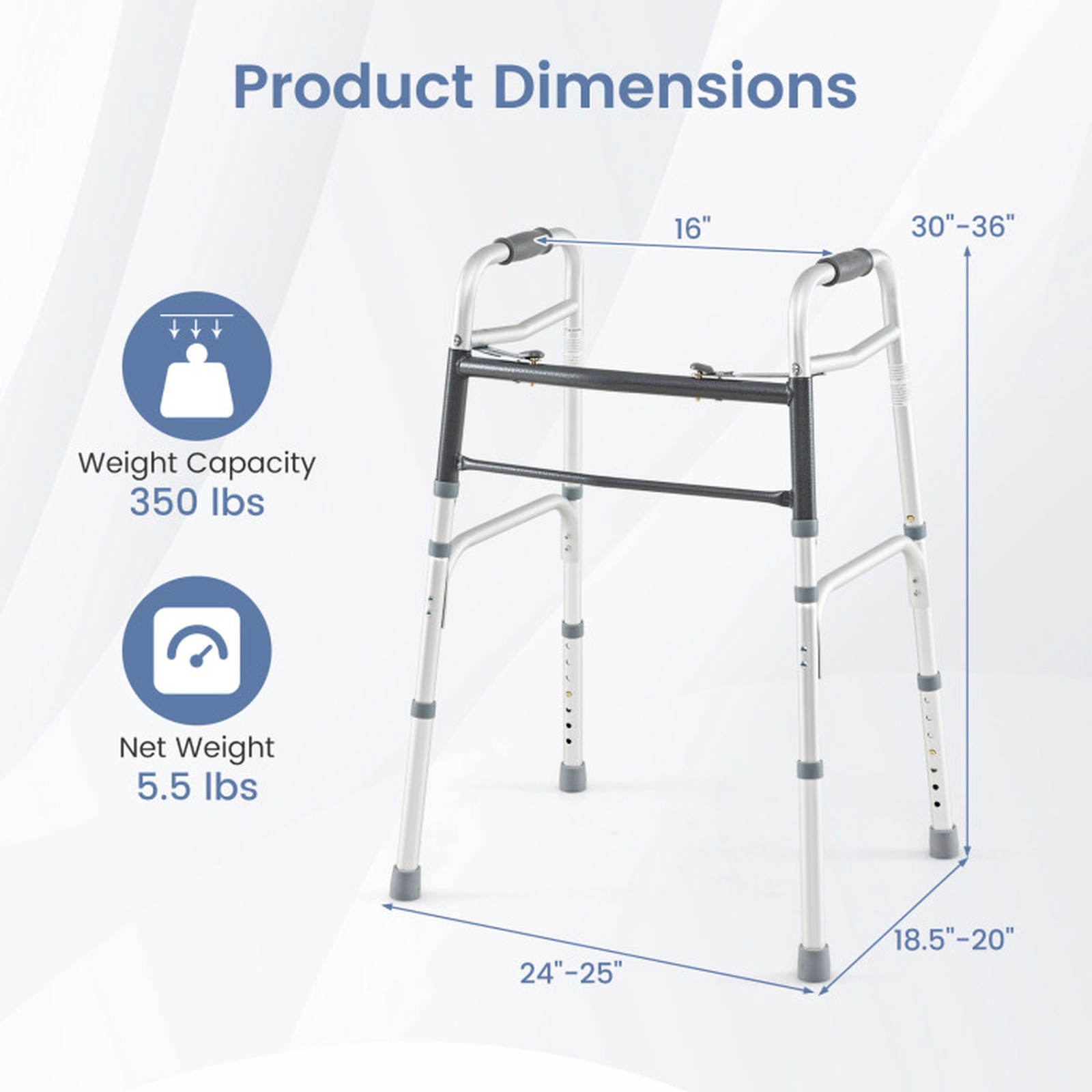 SUGIFT Lightweight 2-Button Folding Walker with 7-Level Adjustable Height 350-Lb Capacity 5.5-Lb Frame Silver