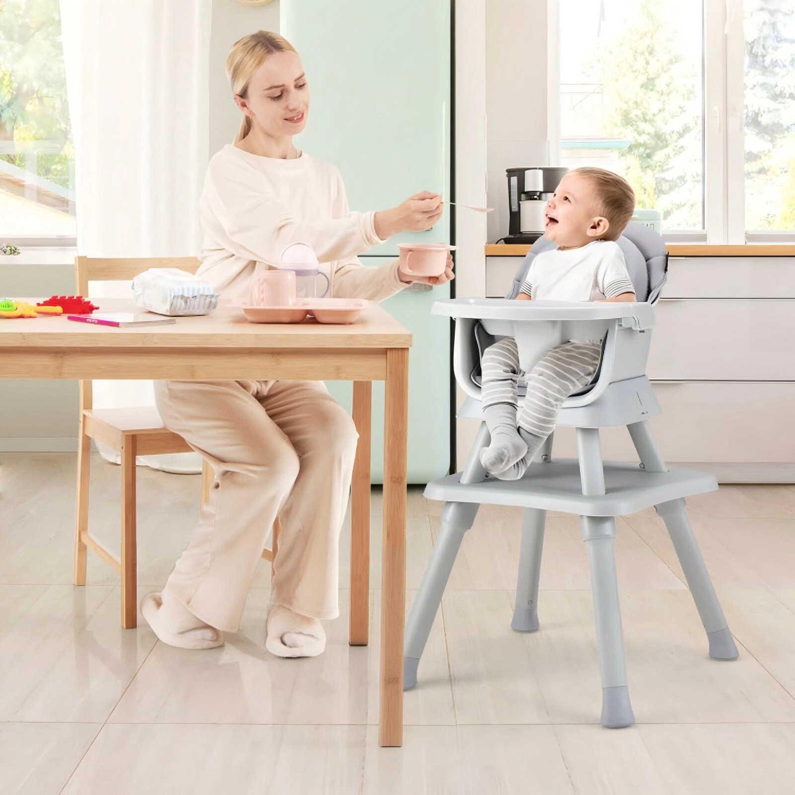 SUGIFT 6-in-1 Convertible Baby High Chair with Adjustable Removable Tray 55-lb Capacity Ages 6-36 Months Gray