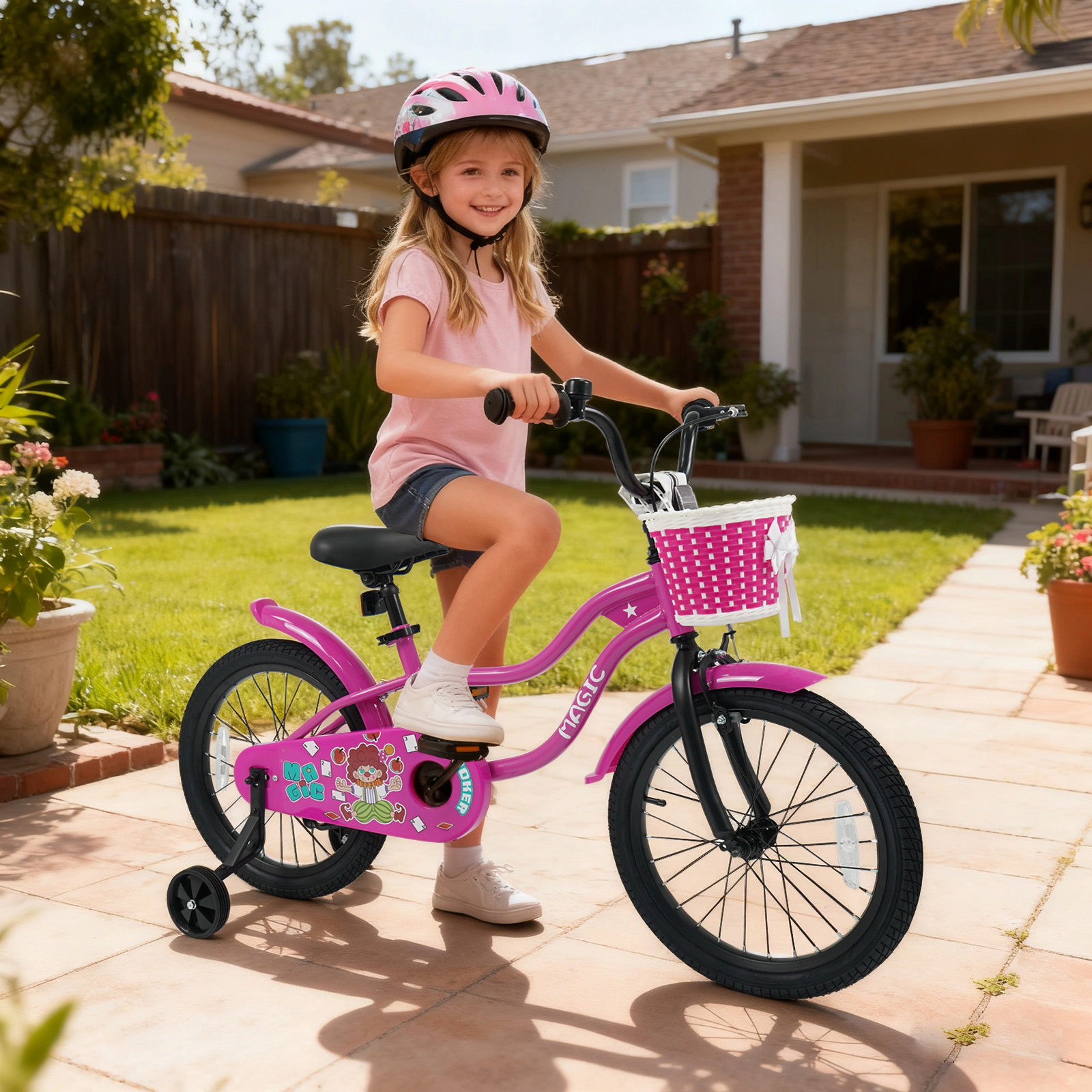 18-in Kids Bike Removable Training Wheels Kickstand for Girls Ages 4-8 Rose Bicycle Front Basket Bell 132-lb Capacity