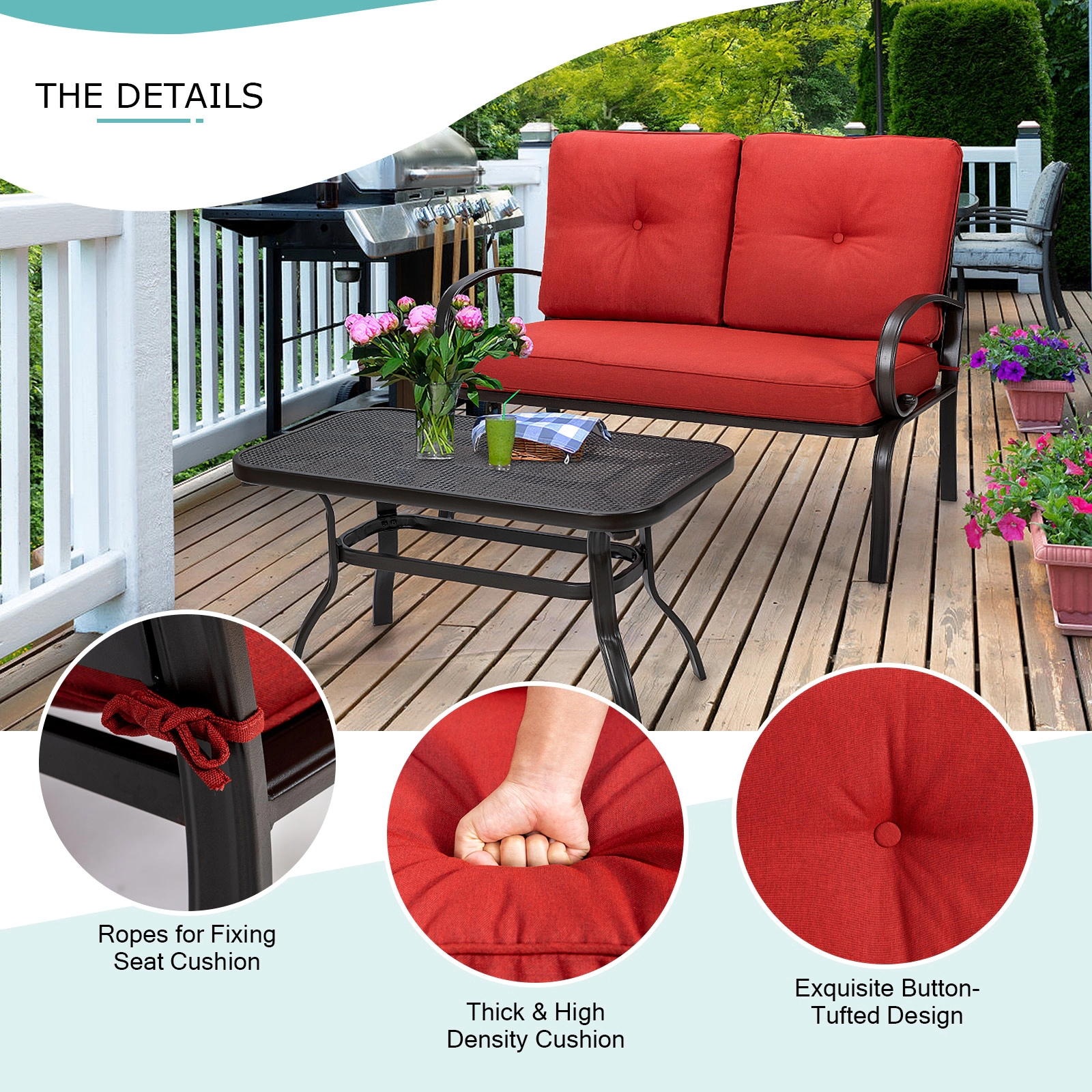 SUGIFT 2 Piece Patio Cushioned Loveseat and Coffee Table Set Red with Steel Frame