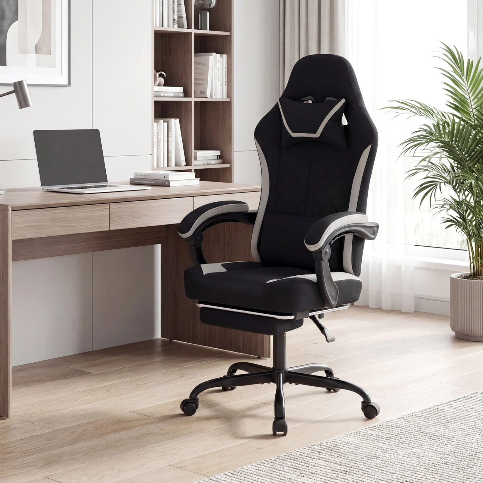 SUGIFT Gaming Chair Black Height Adjustable with Headrest Retractable Footrest and Swivel Seat