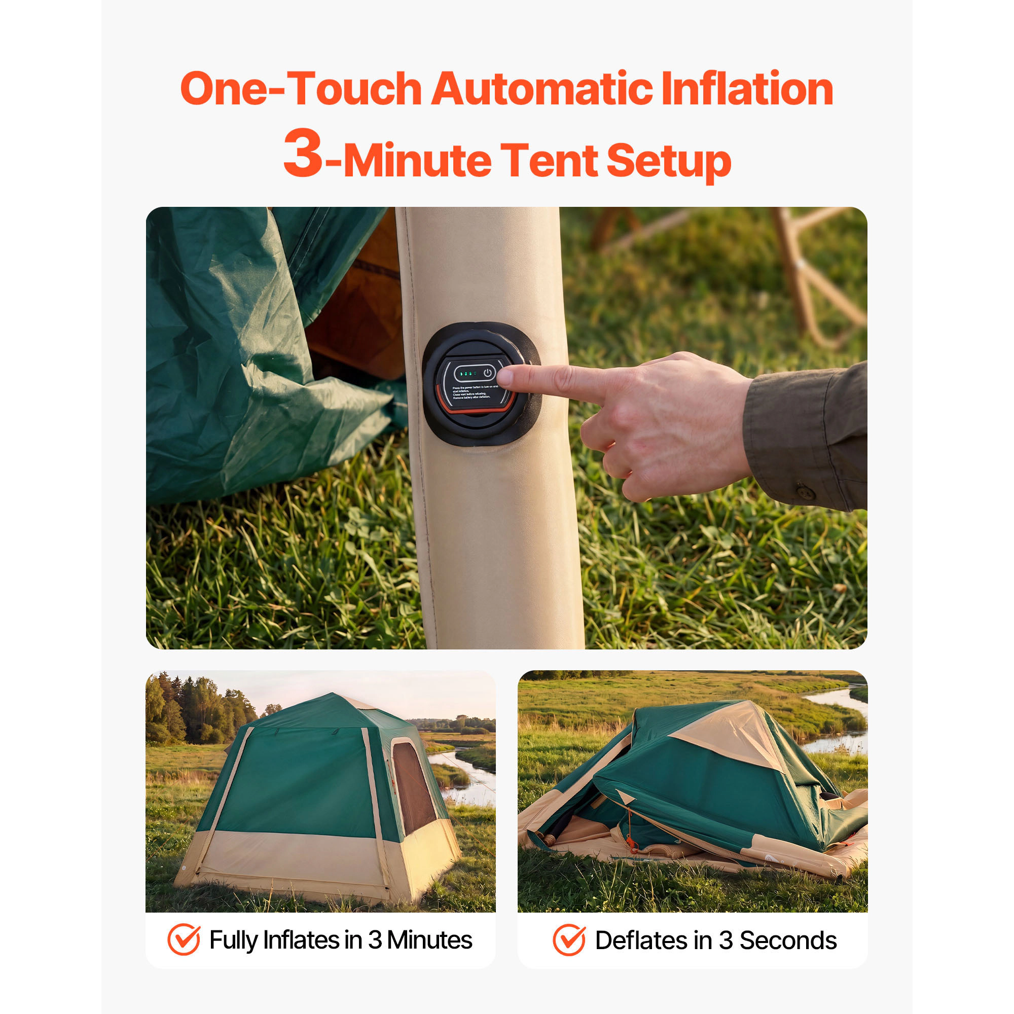 HONGGE Camping Tent 4 Person Inflatable Cabin Tent with Rechargeable Pump TPU Air Tube & 5 Large Mesh Windows Portable