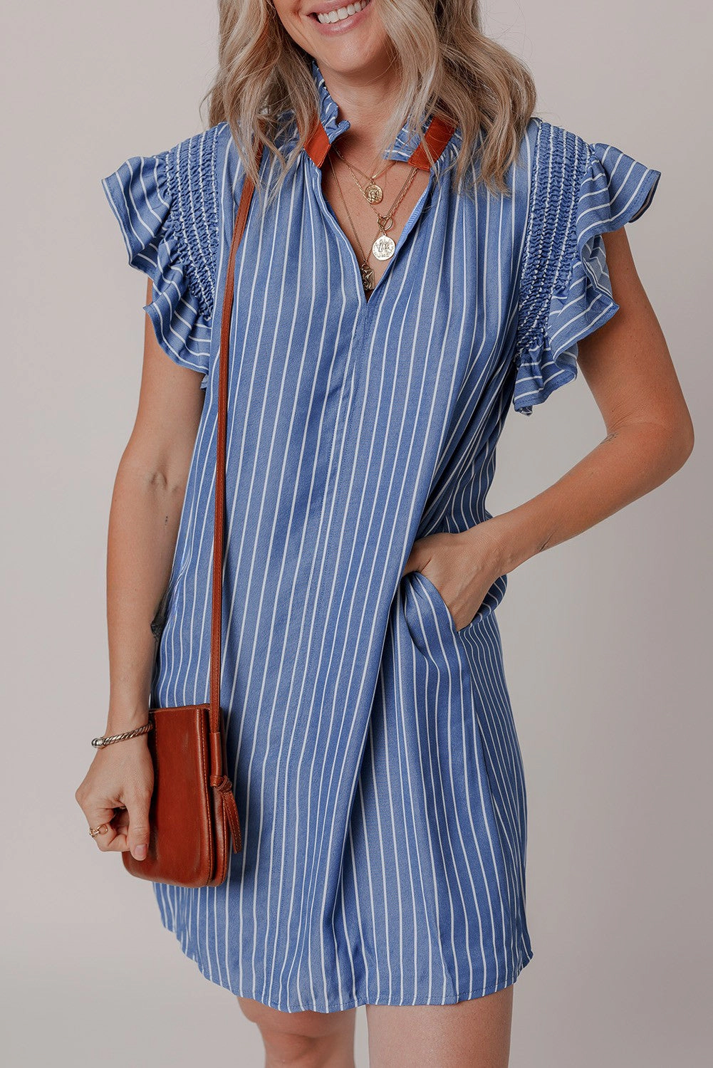Threaded Pear Women's Leah Stripe Frilly Split Neck Shirred Ruffle Sleeve Dress