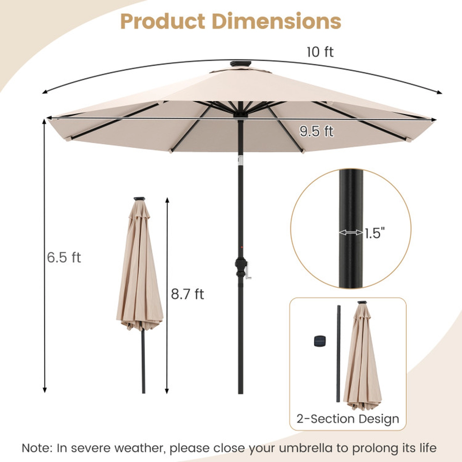 SUGIFT 10-ft Beige Solar LED Patio Umbrella with 96 Bulbs, 9 Modes and Vented Top