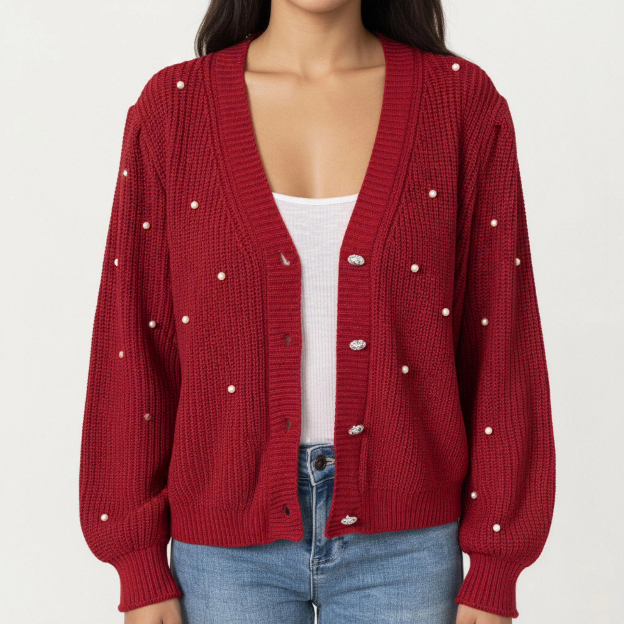 Anna-Kaci Women's Long Sleeve Button-Up Knit Cardigan with Faux Pearl Embellishments and Ribbed Hem
