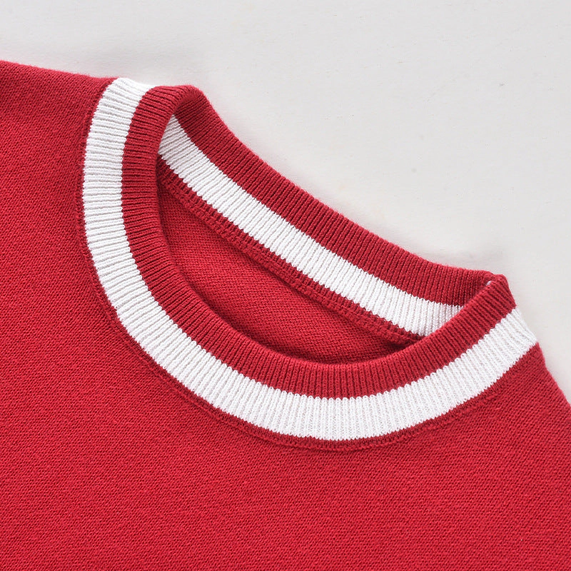 MyKids-USA Baby Solid Color Striped Hem Design O-Neck Knit Sweater