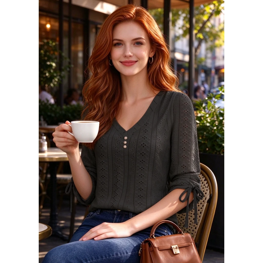 Coolmee Women's Jacquard Button V-Neck 3/4 Sleeve T-Shirt Top Summer