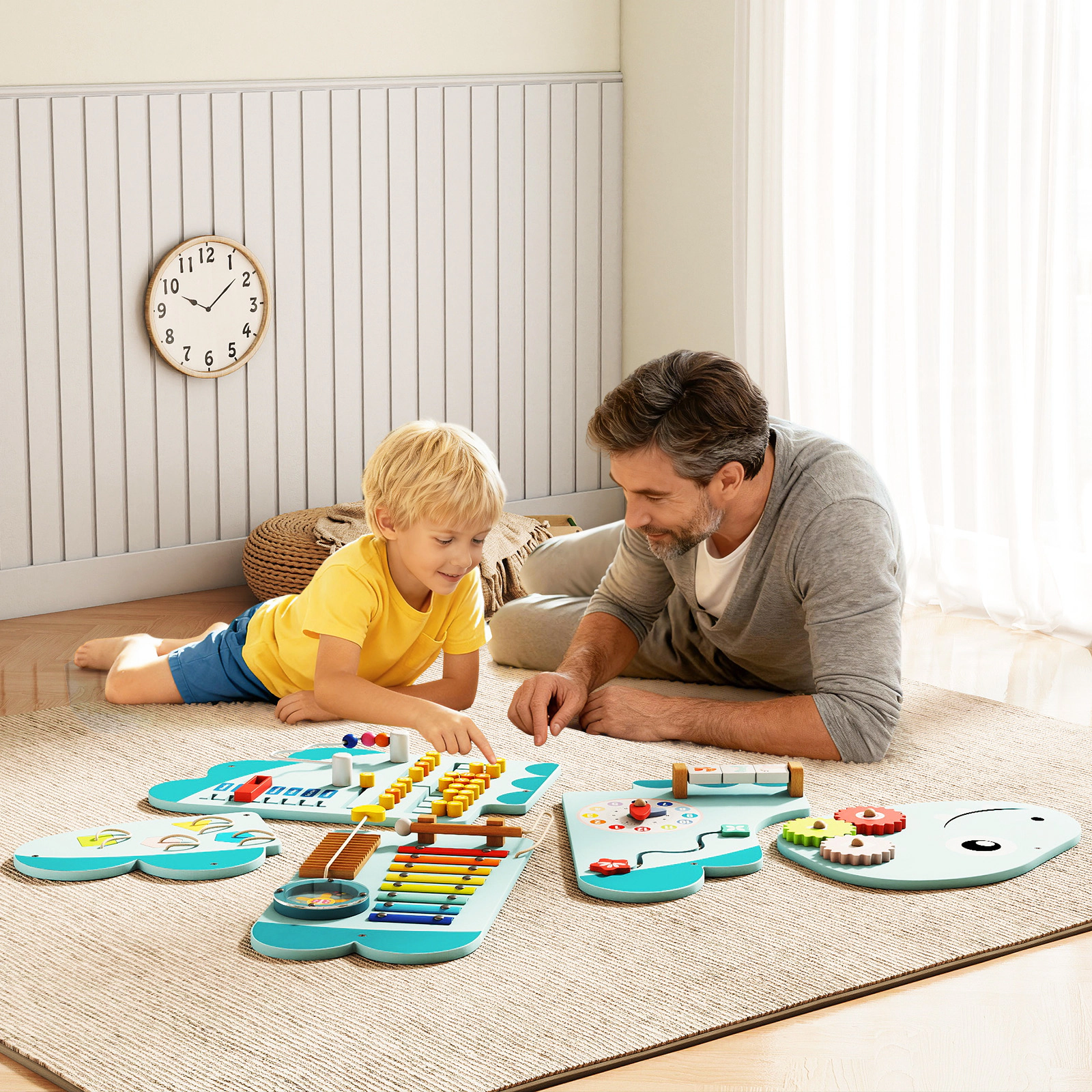 SUGIFT Toddler Blue 11-in-1 Dinosaur Montessori Busy Board with 5 Wall Panels 57-in W 18-in H Ages 3+