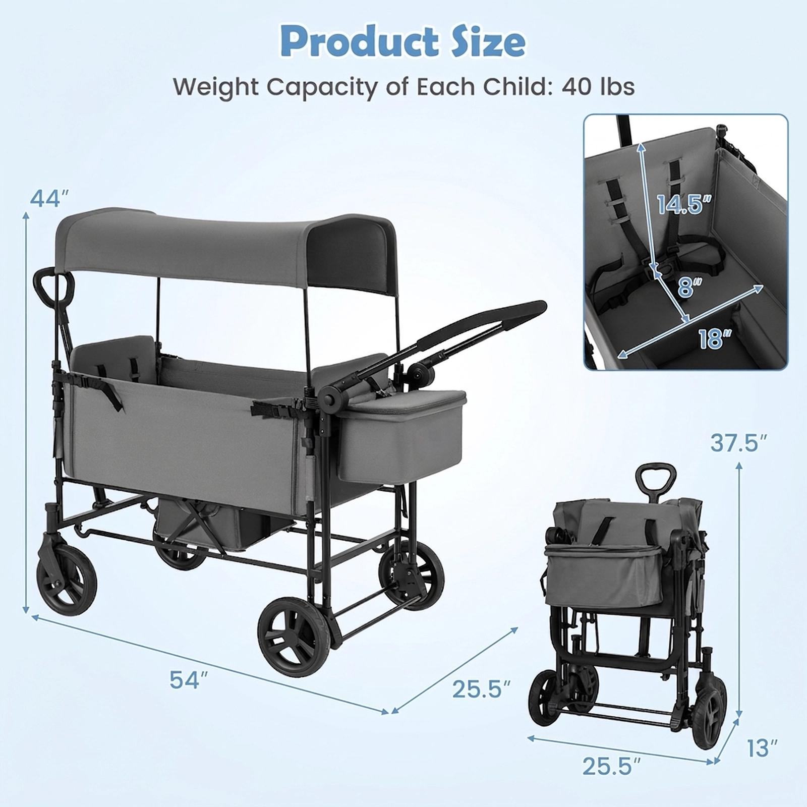 SUGIFT Toddler Gray 2-Seat Wagon Stroller with Removable Canopy 54-in W 25.5-in D 44-in H 40-lb Per Seat