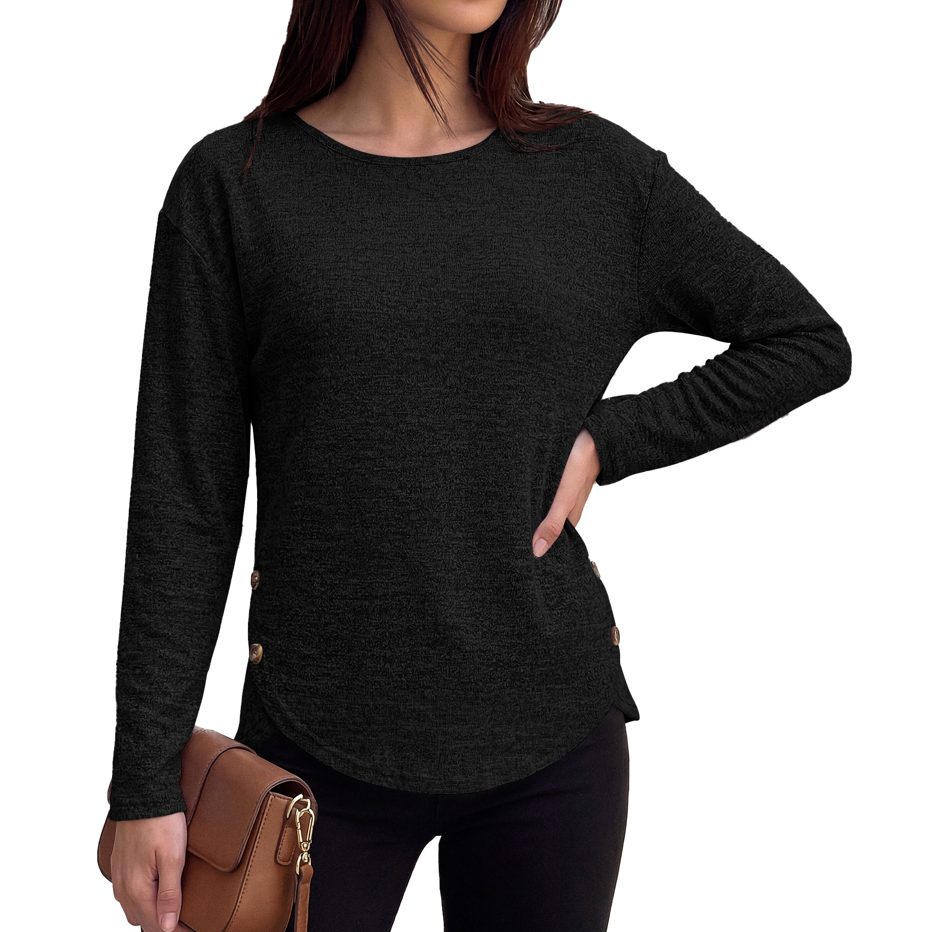 Enchanted Funland Womens Crew Neck Heather Knit Long Sleeve Side Button Tops