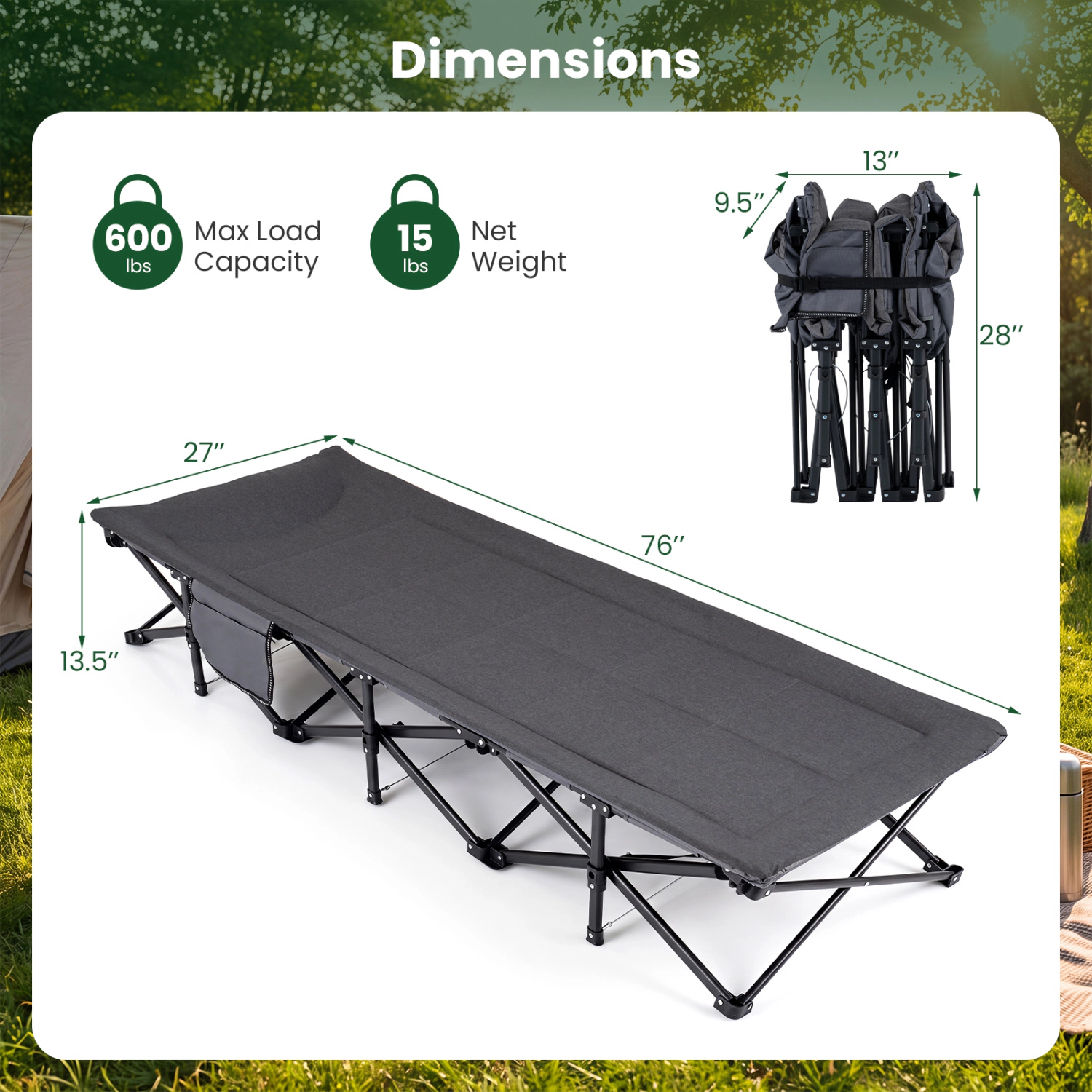 LJG Camping Cot with Padded Pillow and Storage Pouch for Camping Travel