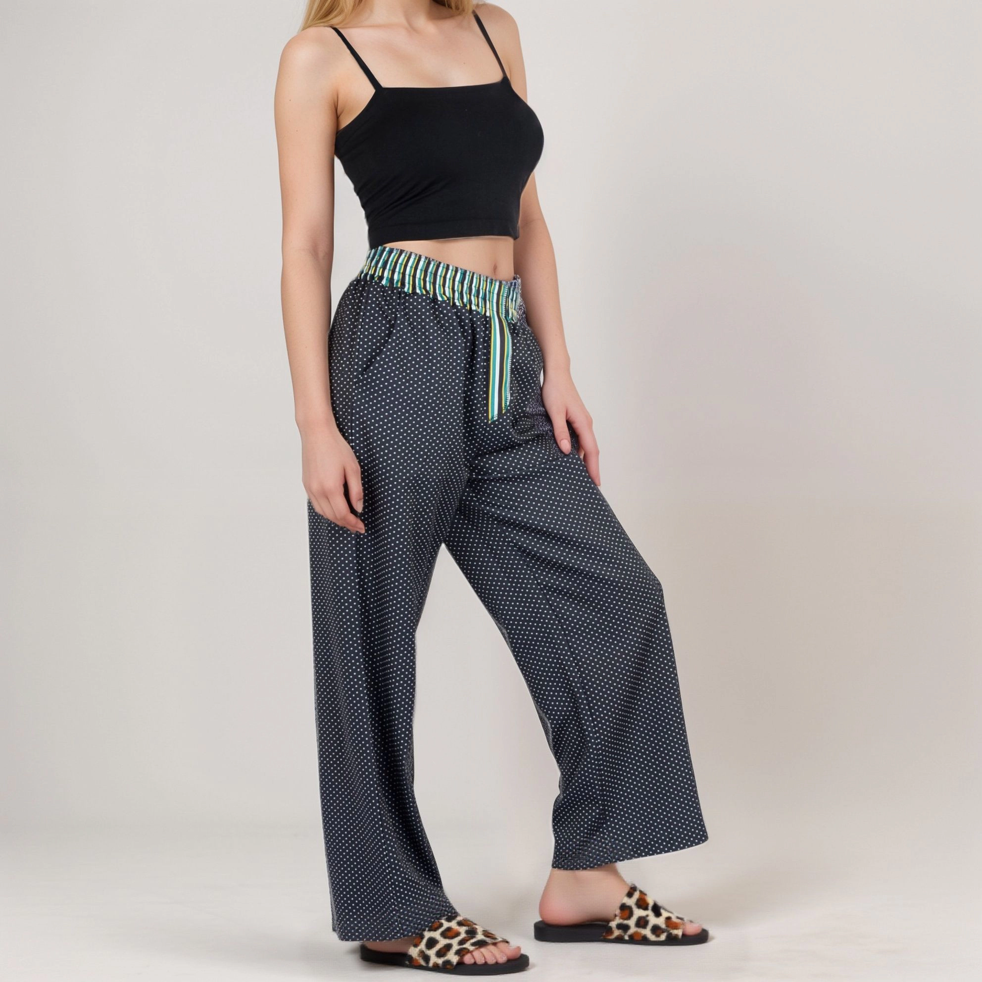 Anna-Kaci Women's Red Vertical Stripe Wide Leg Pants with Smocked Waistband Contrast Plaid Detail and Full-Length Fit