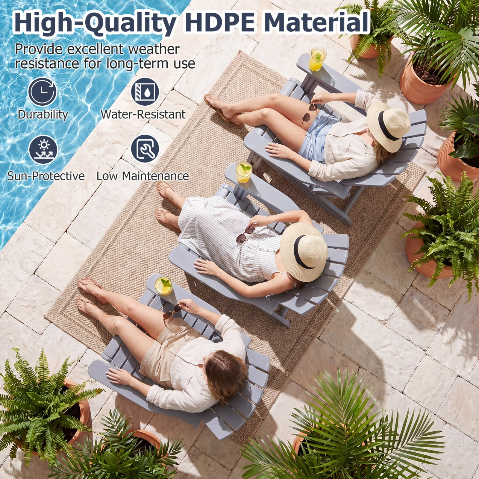 SUGIFT Set of 2 HDPE Adirondack Chairs with Cup Holder 330-lb Capacity 13-in Seat Height Blue Black Gray