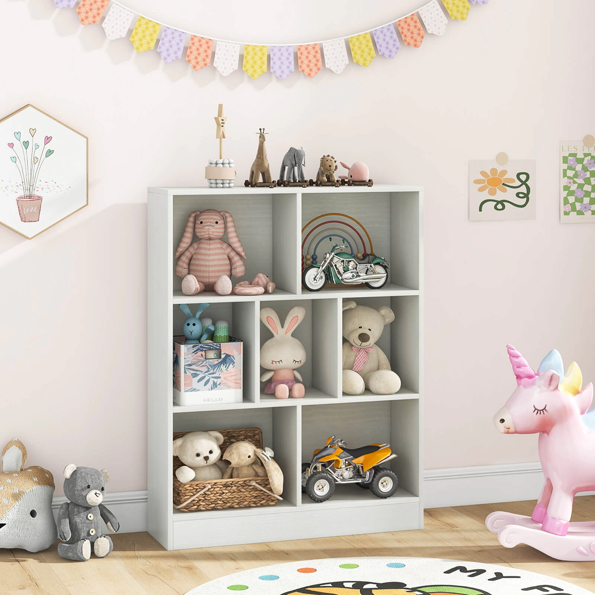 Costway 7-Cube Bookcase for Kids 41" Wooden Toy Storage Organizer Freestanding Bookshelf Brown
