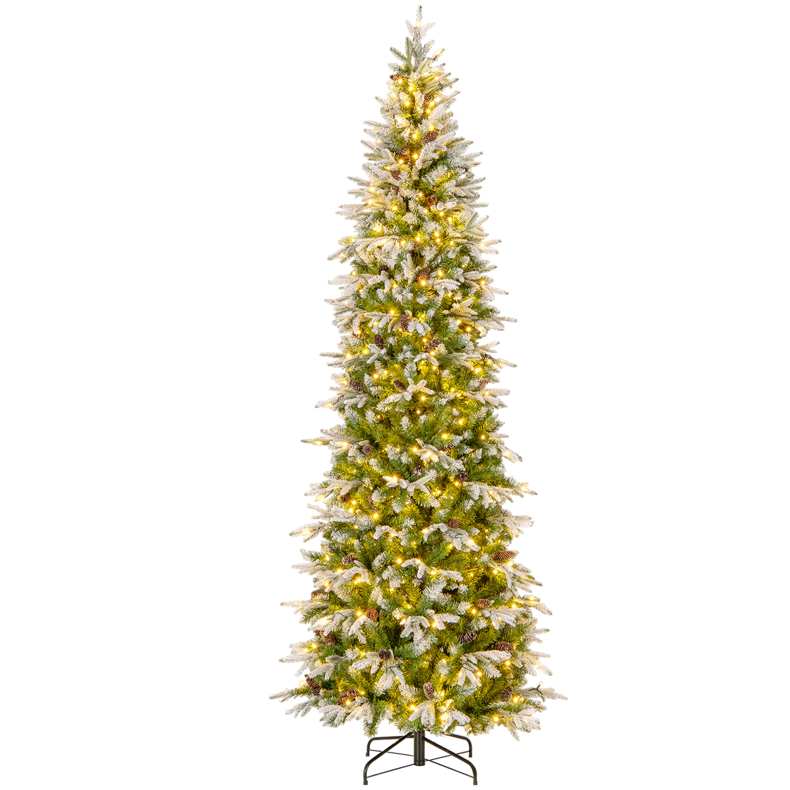 SUGIFT 9-ft Slim Snow Flocked Pre-Lit Artificial Christmas Tree with 470 LED Lights and 98 Pine Cones