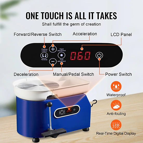 HONGGE Pottery Wheel 11 in Clay Wheel Forming Machine 60-300 RPM Adjustable Speed with Handle and Pedal Control ABS