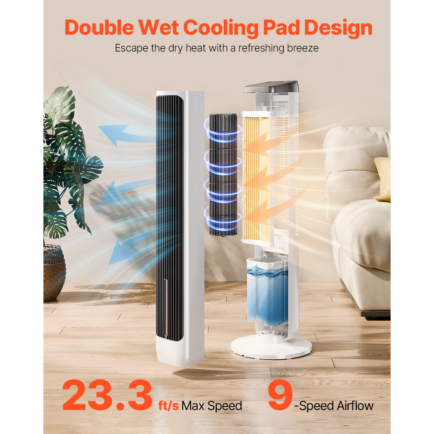 HONGGE Tower Fan, Velocity Quiet Floor Fan, 70° Oscillating Fans for Indoors with 4 Modes