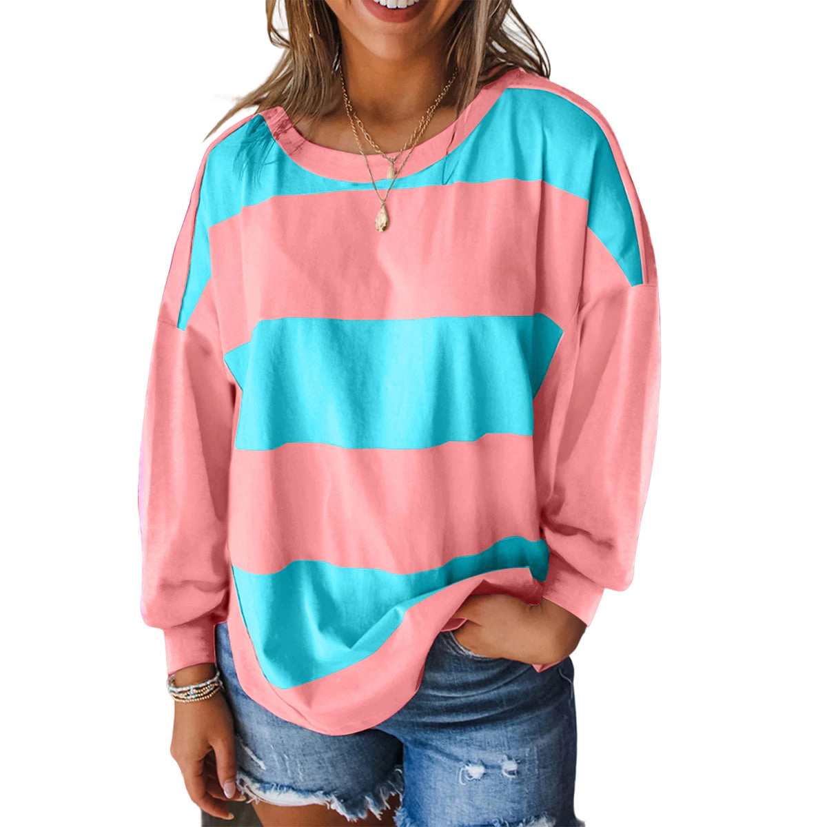 Sol Living Womens Colorblock Striped Drop Shoulder Loose Top