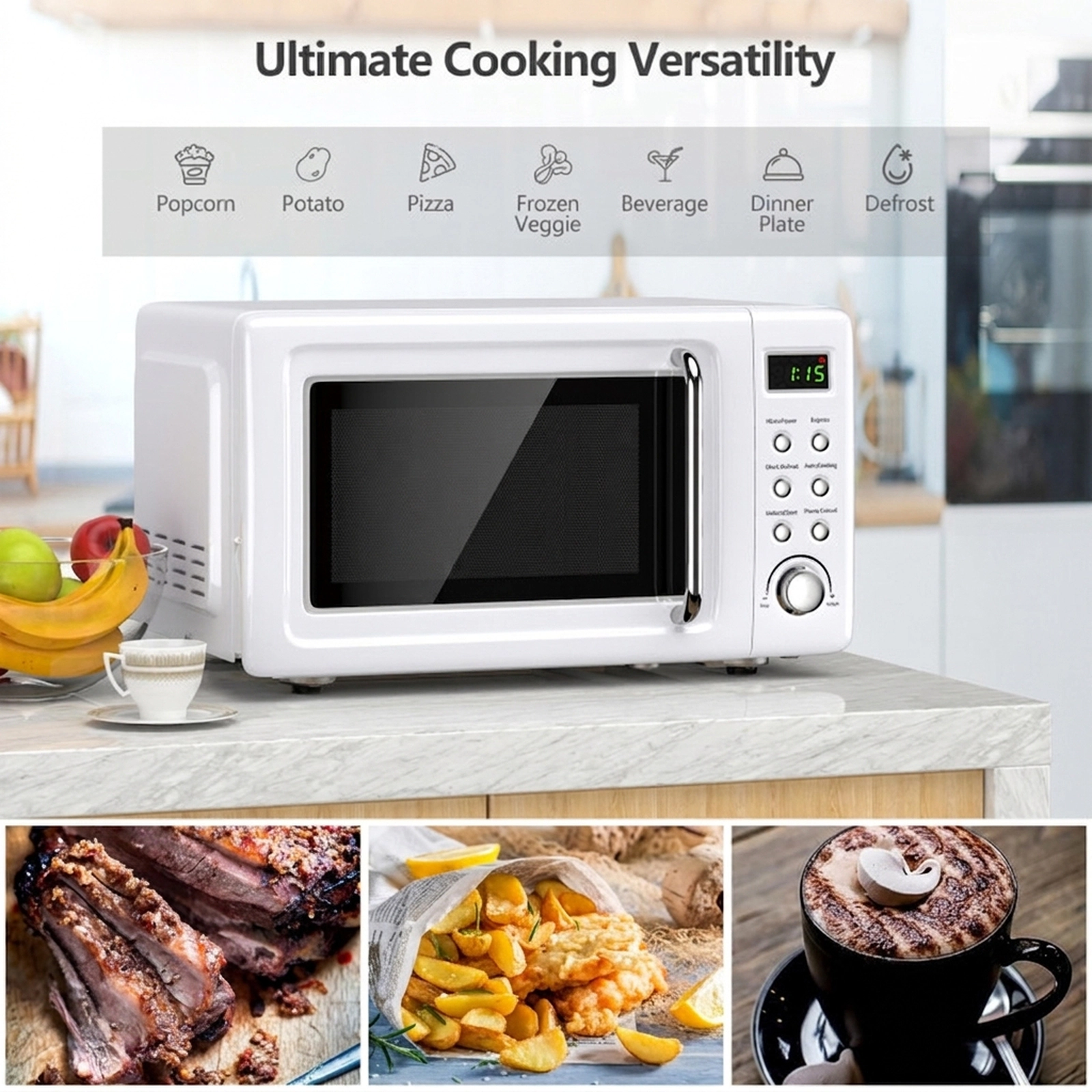 SUGIFT 700W Retro Countertop Microwave Oven 0.7-cu ft 5 Power Levels 8 Auto Menus Child Lock 18 x 14 x 10-in White