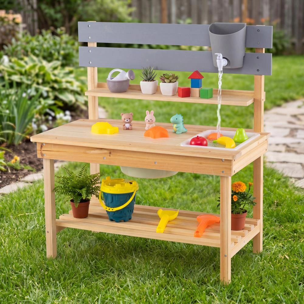 Hivvago Outdoor Kids Mud Kitchen with Extended Tabletop and Water Tank
