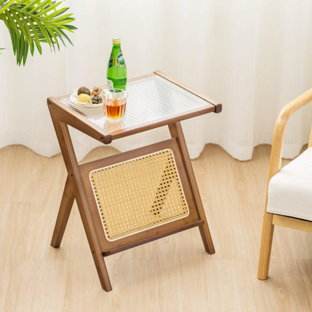 Hivvago Rattan-Style End Table with Magazine Storage and Glass Top