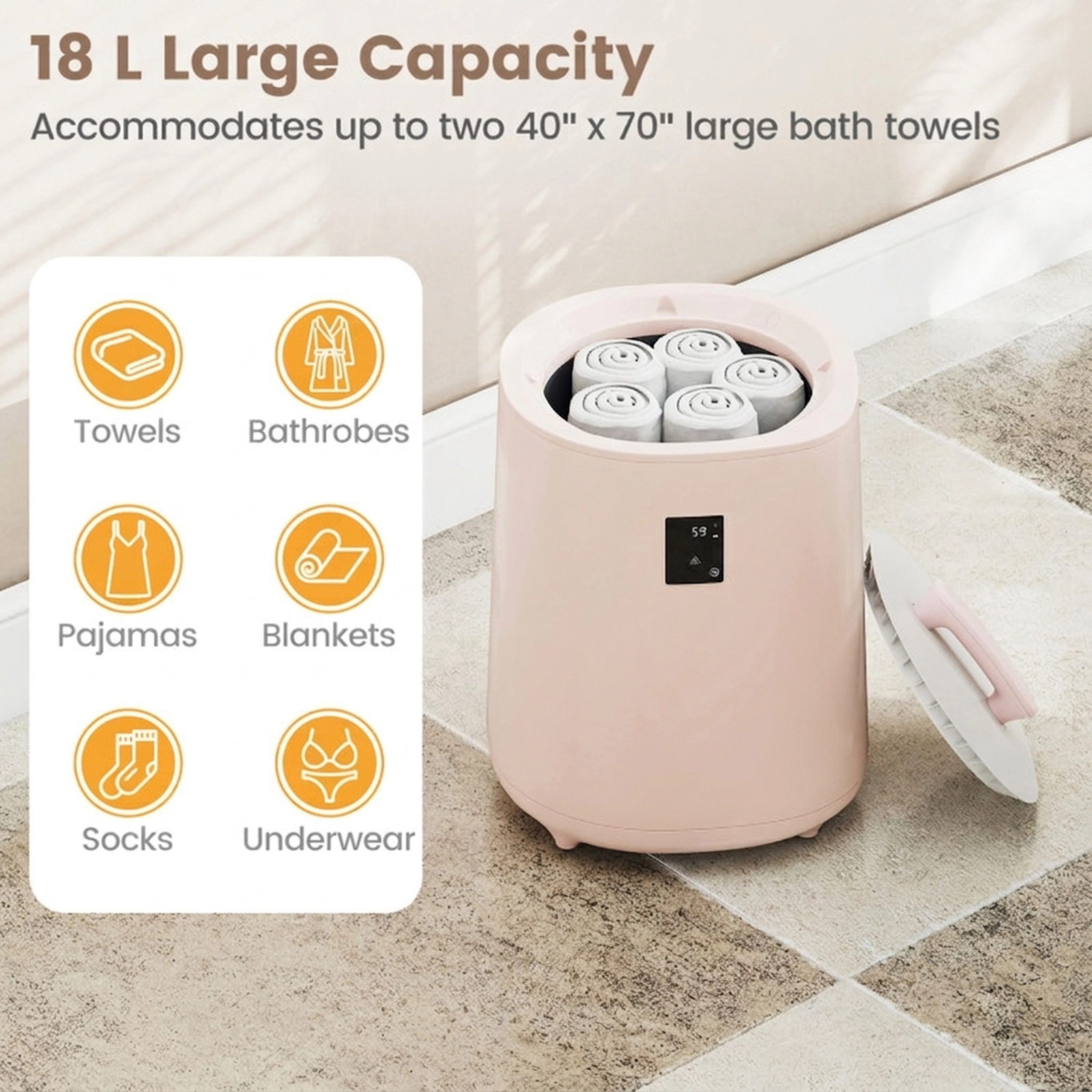 SUGIFT 18L Quick-Heating Towel Warmer Bucket with LED Display and Auto Shut Off 18-L Capacity 7-lb Net Weight Pink