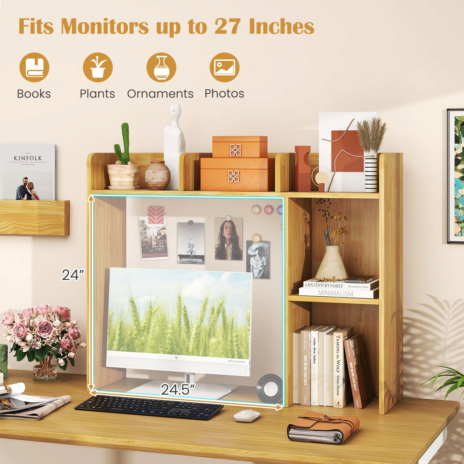 SUGIFT 3-Tier Desktop Bookshelf with 4 Shelves and Open-Back Monitor Compartment