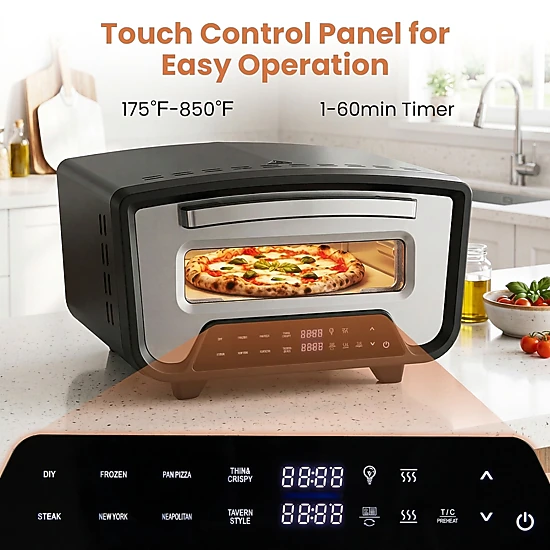 SUGIFT Dual Heating Zone Indoor Electric Pizza Oven 1700W 850 F Max 8 Presets 12.5-in Stone for 12-in Pizzas Black