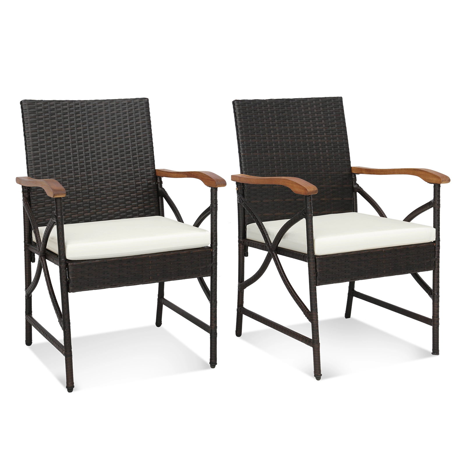 SUGIFT Hand-Woven Patio Wicker Dining Chairs with Soft Zippered Cushion 400-lb Capacity Mix Brown and Off White Set of 2