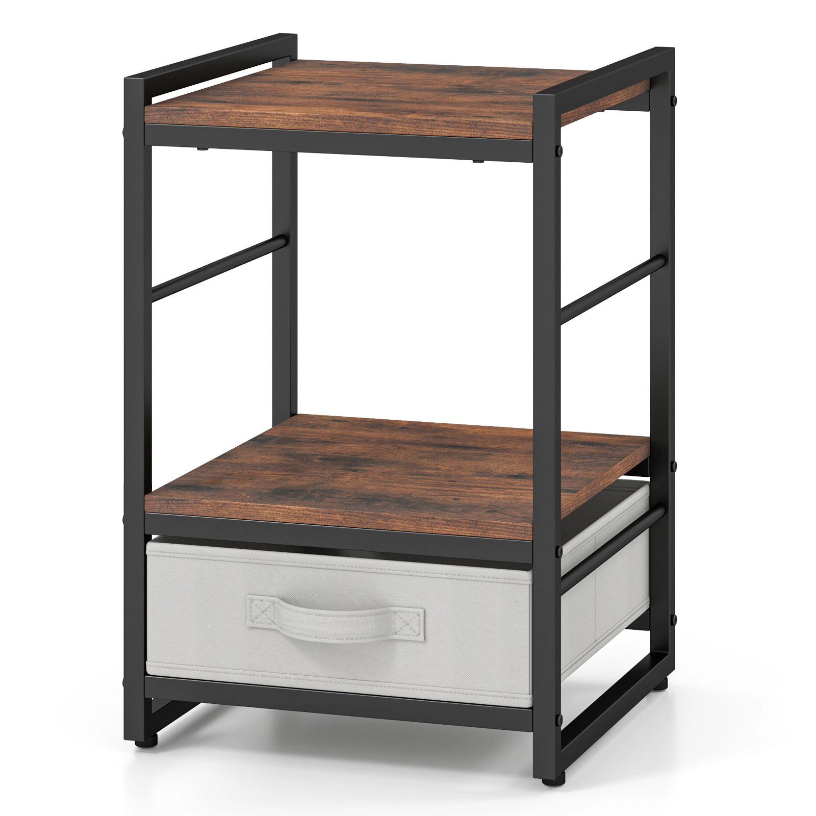 SUGIFT 24-Inch Rustic Brown Industrial Nightstand with Open Shelf, Fabric Drawer and Guardrails