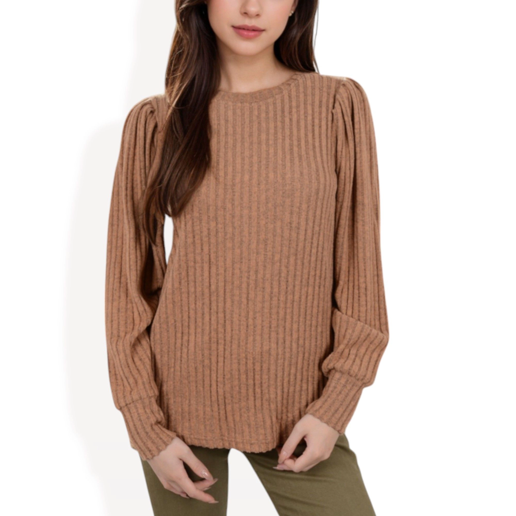 Anna-Kaci Women's Gathered Shoulder Crew Neck Long Sleeve Ribbed Knit Sweater