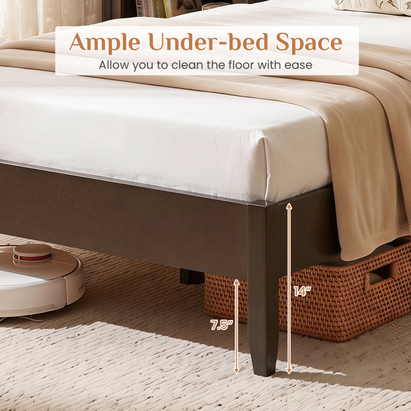 SUGIFT Dark Walnut Panel Headboard Solid Wood Legs and 12 Slats Twin Size Wooden Bed Frame