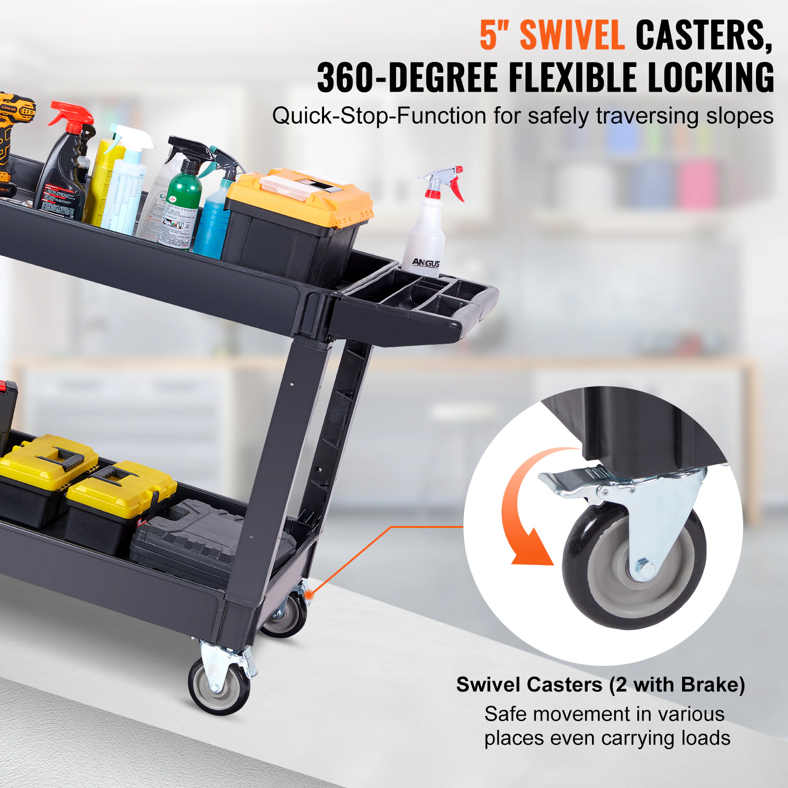 HONGGE Utility Cart Service Cart Heavy Duty Plastic Utility Cart with 360° Swivel Wheels with for