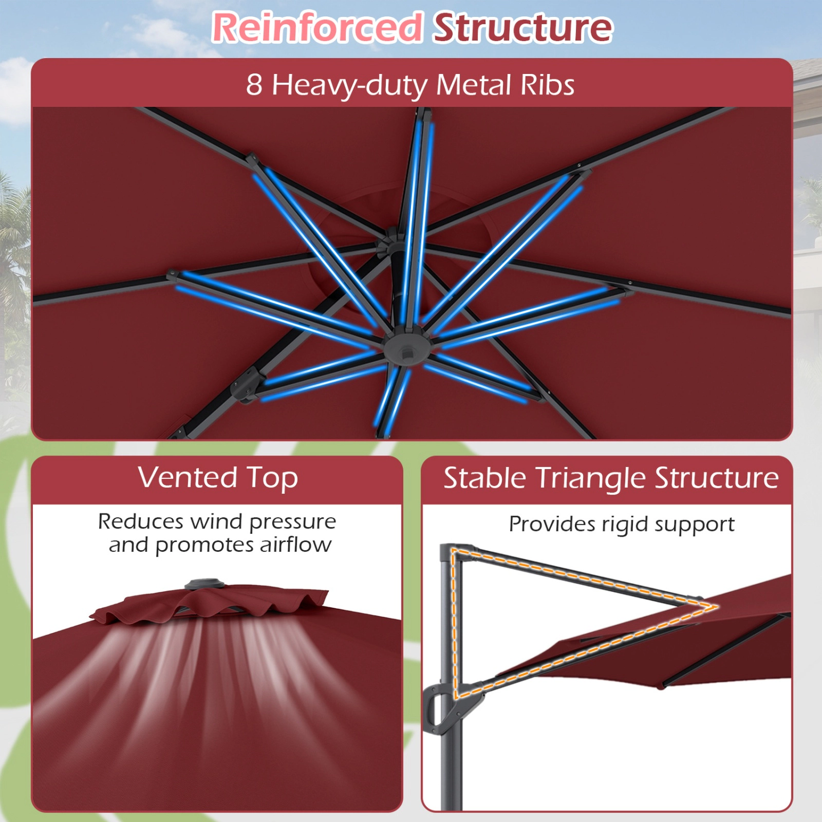 SUGIFT 10 ft Wine Cantilever Patio Umbrella, 360° Rotation, Push-Button Tilt, Crank Lift
