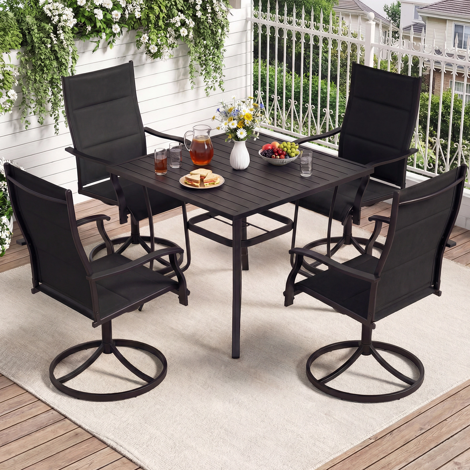 SUGIFT Padded Patio Swivel Rocking Dining Chairs Set of 2 with Ergonomic High Back 330-lb Capacity Black