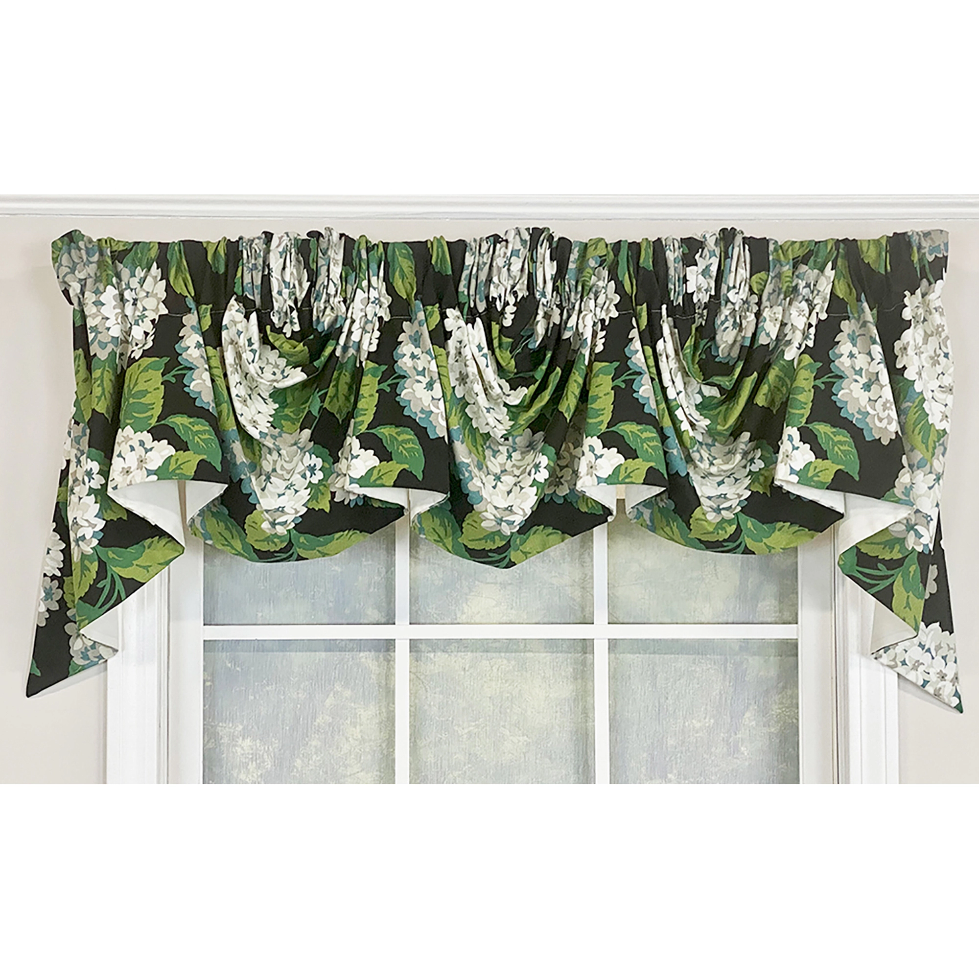 RLF Home Hydrangea Empire Valance Tuxedo Black 3-Scoop. 64"W x 25"L For windows up to 60"W