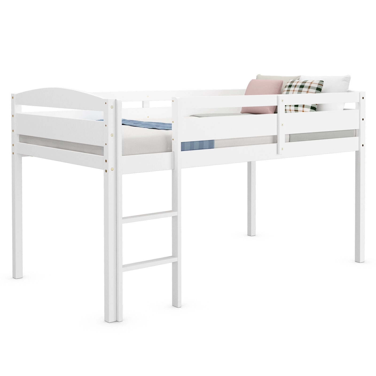 SUGIFT Wooden Twin Low Loft Bunk Bed with Guard Rail and Ladder 350-lb Capacity Twin Size White Dark Brown
