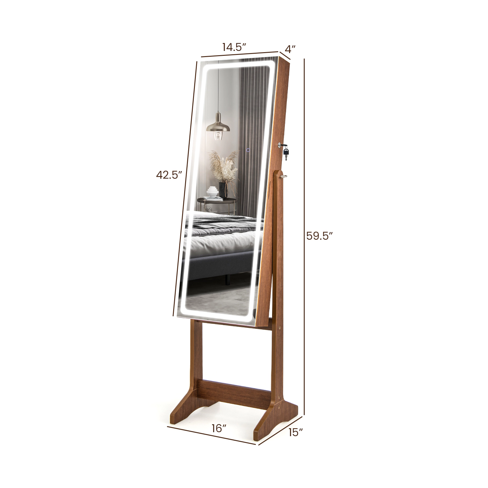 Slickblue 59.5 Inch Freestanding Lockable Jewelry Cabinet with Full-Length Mirror and Dual LED Lights